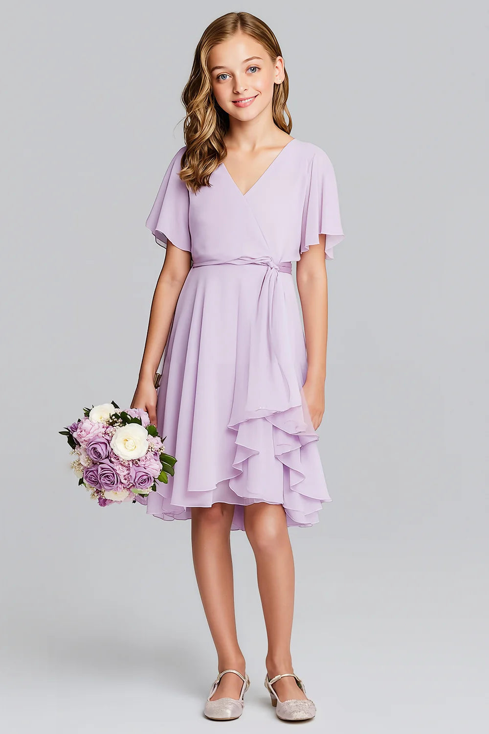 Purple Chiffon A Line V Neck Midi Junior Bridesmaid Dress