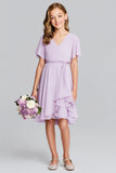 Purple Chiffon A Line V Neck Midi Junior Bridesmaid Dress