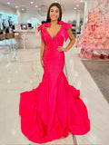 Sky Blue V Neck Mermaid Satin Long Prom Dress With Bow
