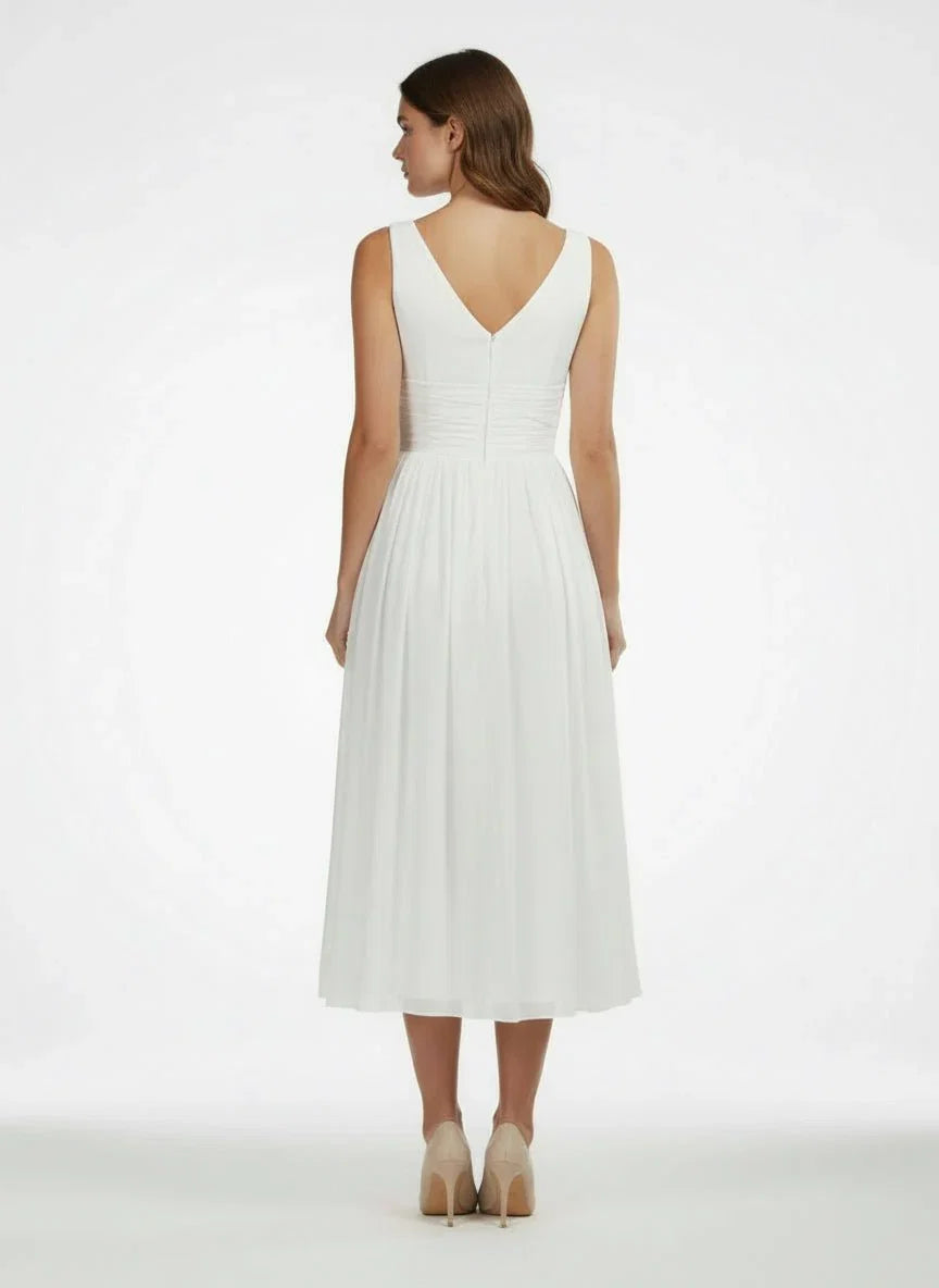 V Neck Sleeveless Tea Length Chiffon Wedding Dress With Ruching And Low V Back