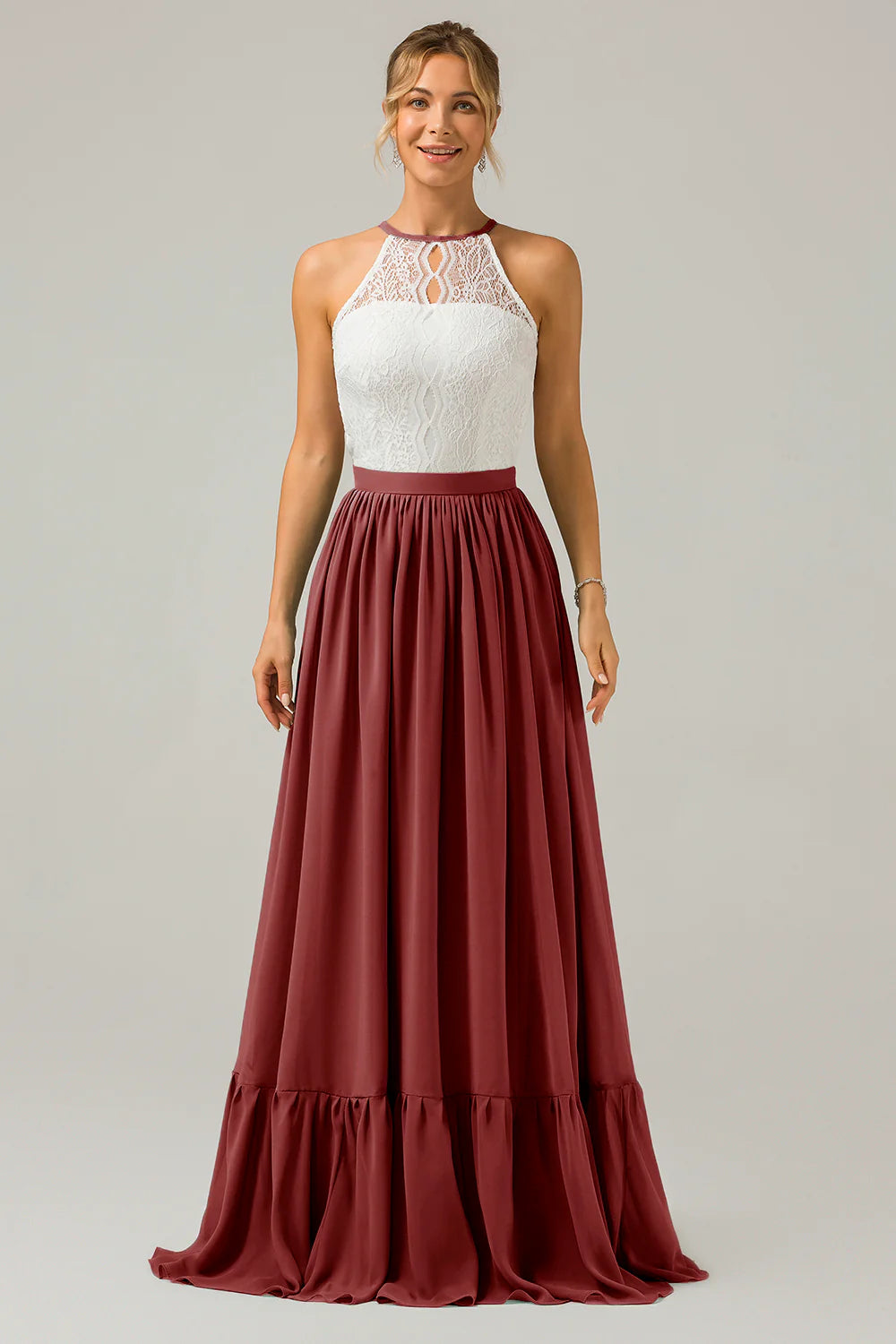 A Line Halter Pleated Keyhole Chiffon Bridesmaid Dress With Lace