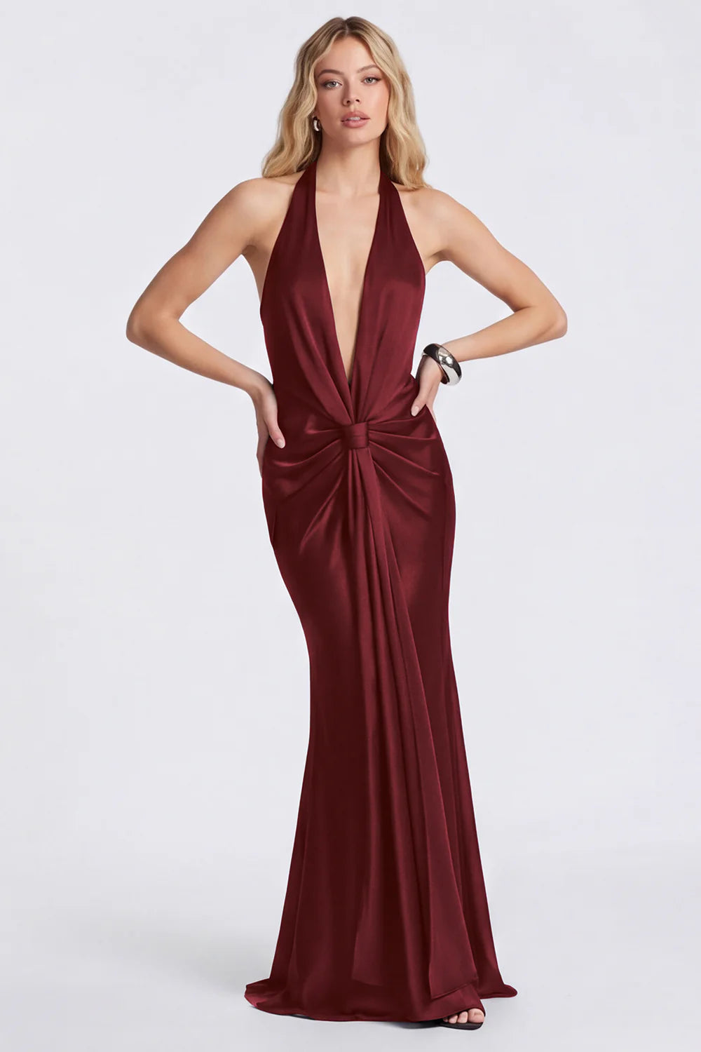 Halter Mermaid Black Ruched Satin Formal Dress