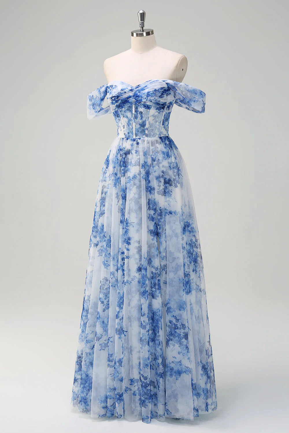 White Blue Flower A Line Off the Shoulder Ruched Corset Maxi Dress with Slit