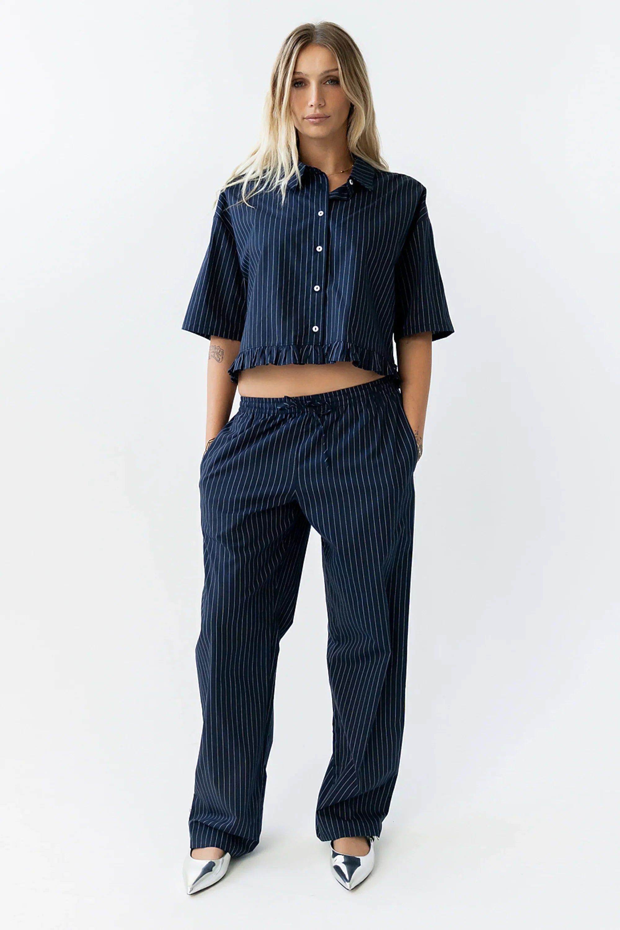 Melody Pinstripe Wide Leg Pants in Navy