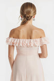 Off The Shoulder Blush Pink A Line Short Junior Bridesmaid Dress with Ruffles