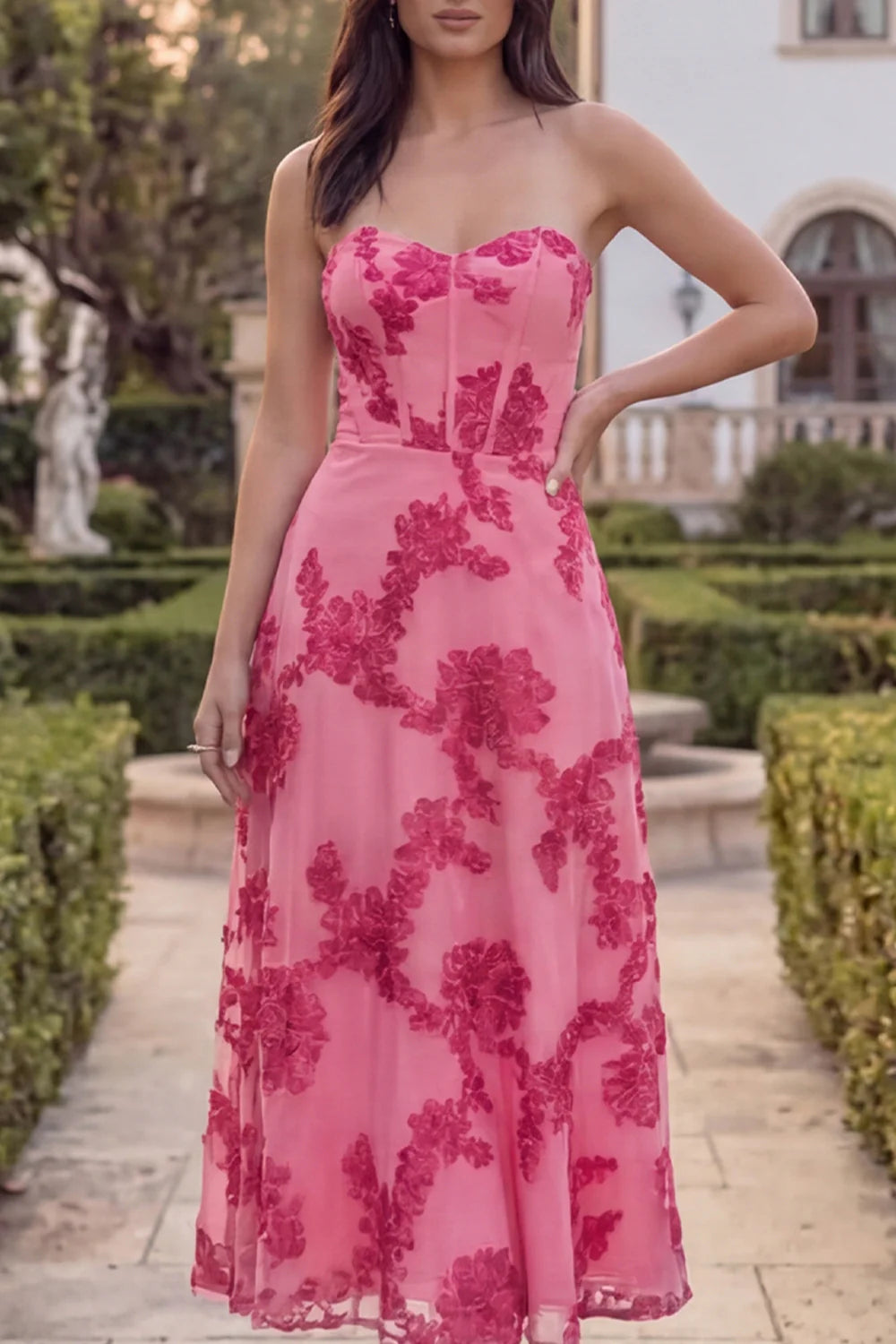 Hot Pink Floral A Line Strapless Corset Midi Wedding Guest Dress