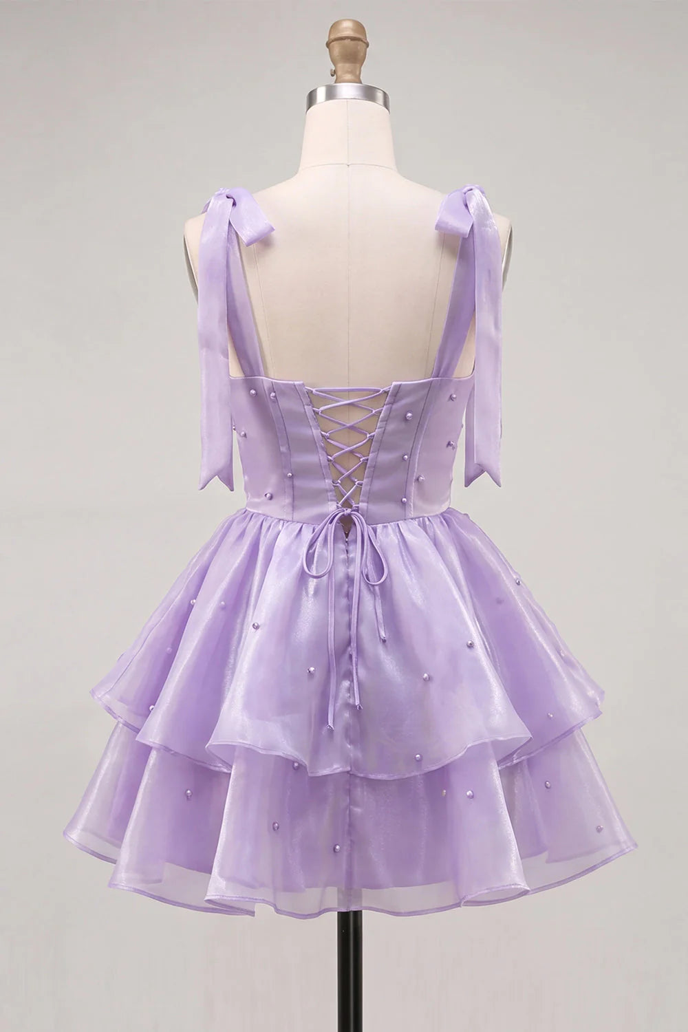 Cute Lilac A Line Pearl Tiered Short Homecoming Dress with Lace Up Back