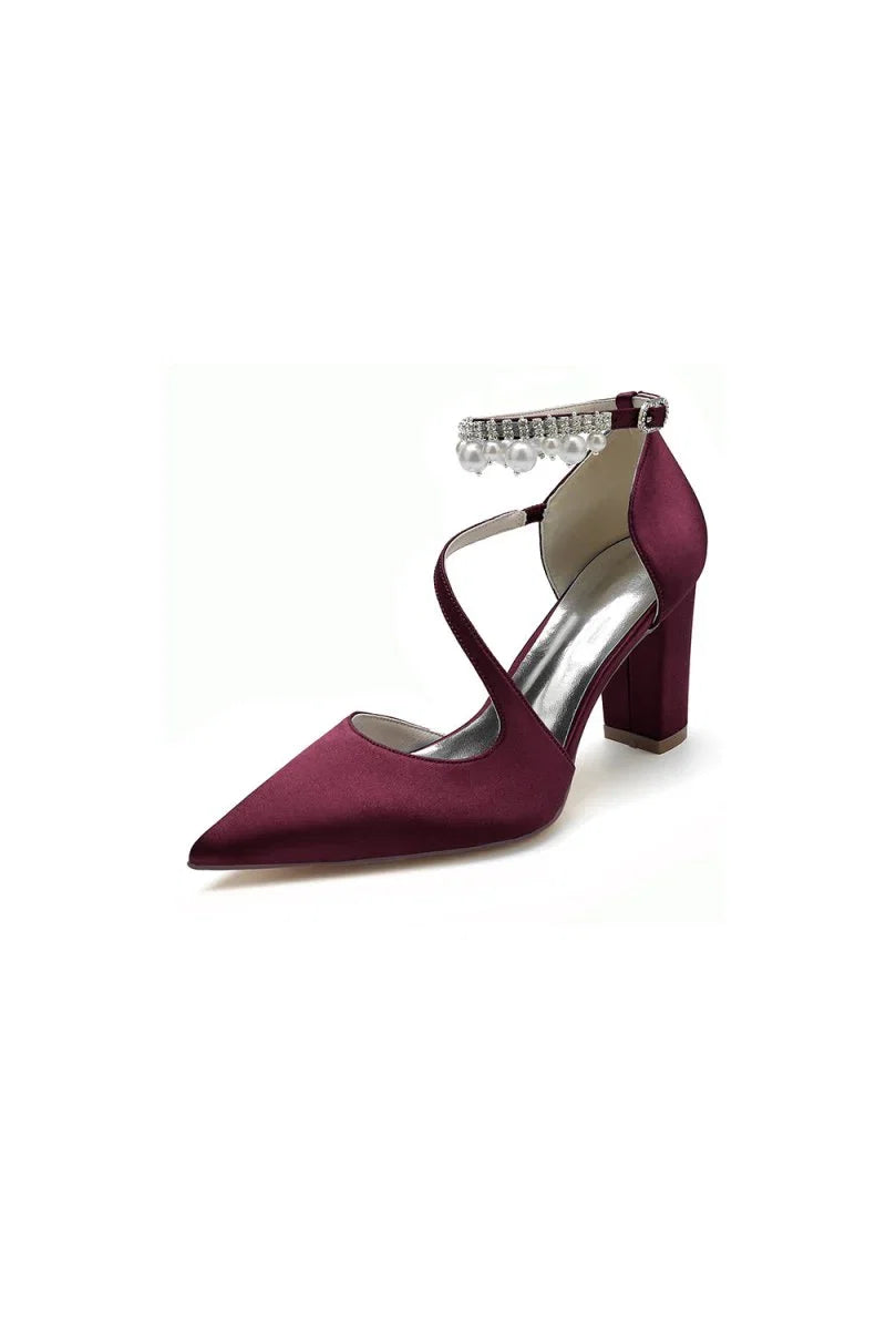 White Satin Heels with Cross Strap Design and Pearl Accented Buckle