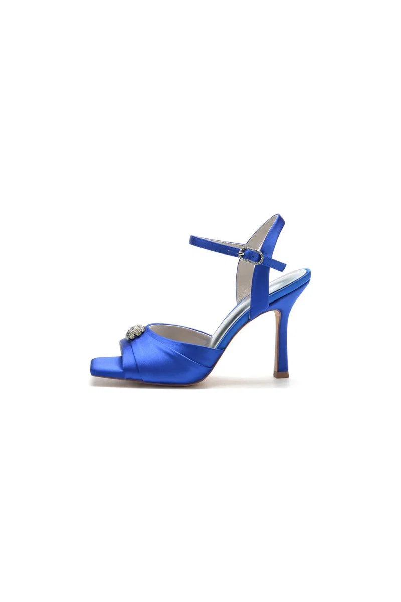 Crystal Flower Square Open Toe Cross Straps Chunky Heels