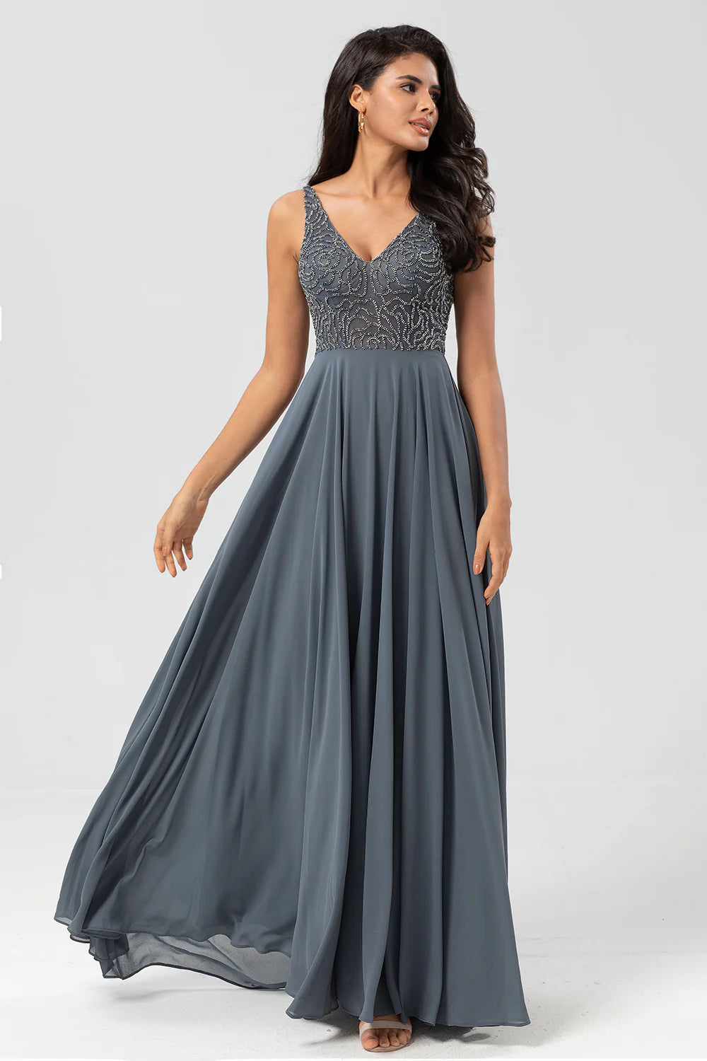 A Line Beaded Eucalyptus Long Bridesmaid Dress