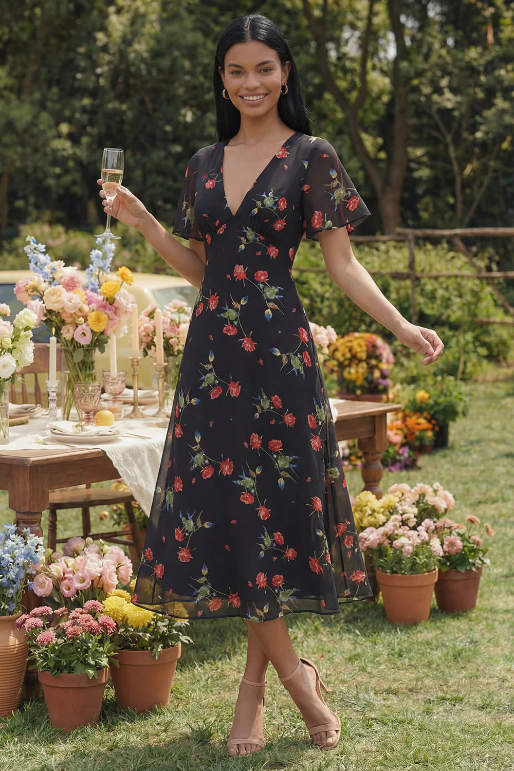 Floral Printed A Line Black Wedding Guest Dress with Short Sleeves
