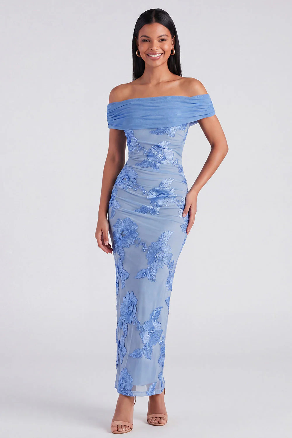 Blue Off the Shoulder Mermaid Floral Wedding Guest Dress