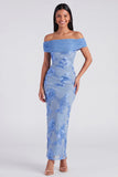 Blue Off the Shoulder Mermaid Floral Wedding Guest Dress