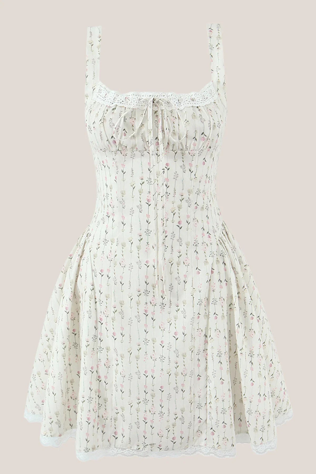White Vintage Rose Printed Lace Cotton Mini Dress
