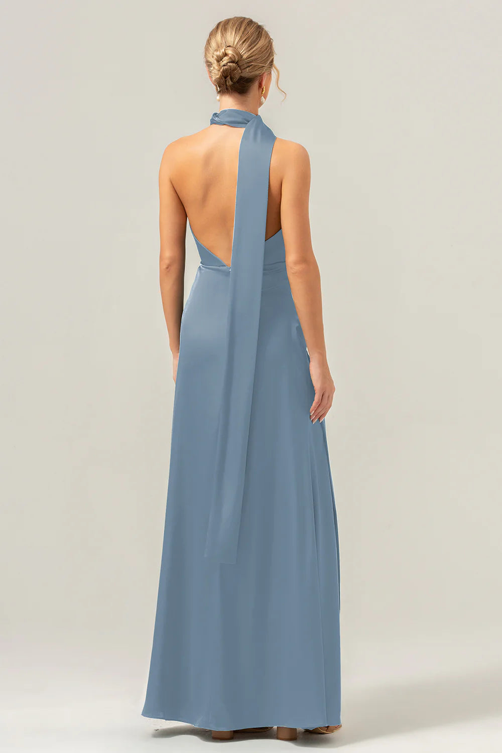 Peacock Sheath Deep V Neck Open Back Convertible Long Satin Bridesmaid Dress with Streamer