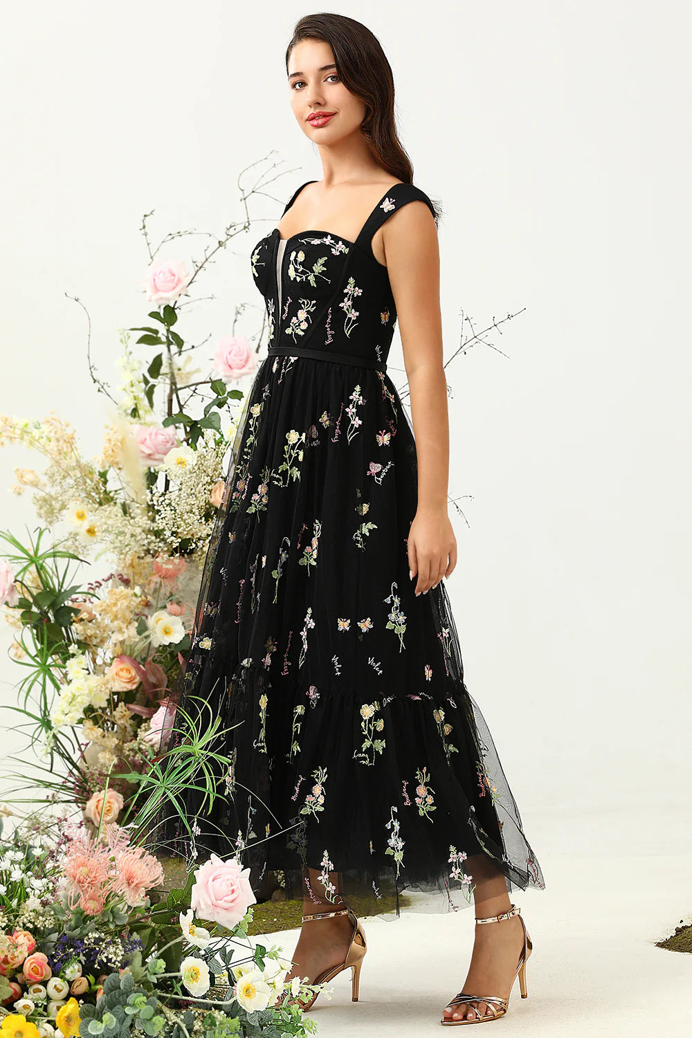 Black A Line Sweetheart Tea Length Wedding Party Dress with Embroidery