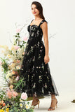 Black A Line Sweetheart Tea Length Wedding Party Dress with Embroidery