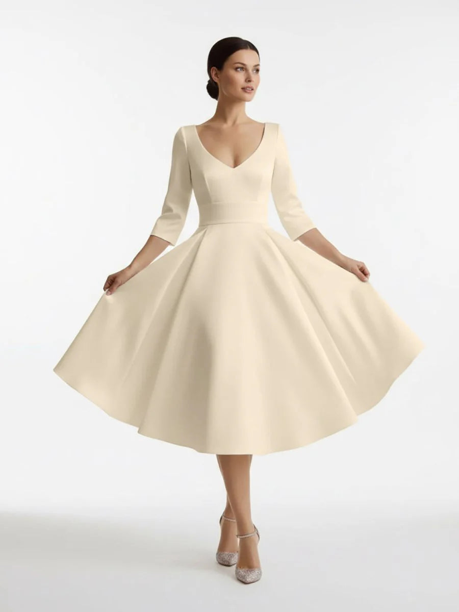 Vintage Sleeved A Line V neck Satin Tea Length Wedding Dress