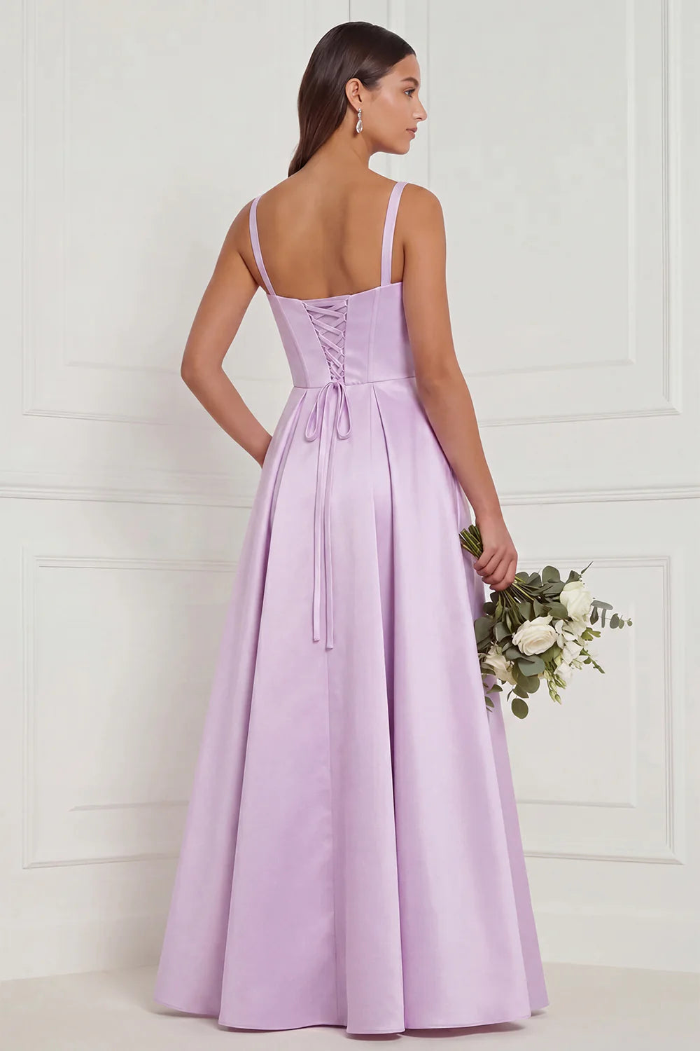 Lilac A Line Corset Satin Square Neck Long Bridesmaid Dress