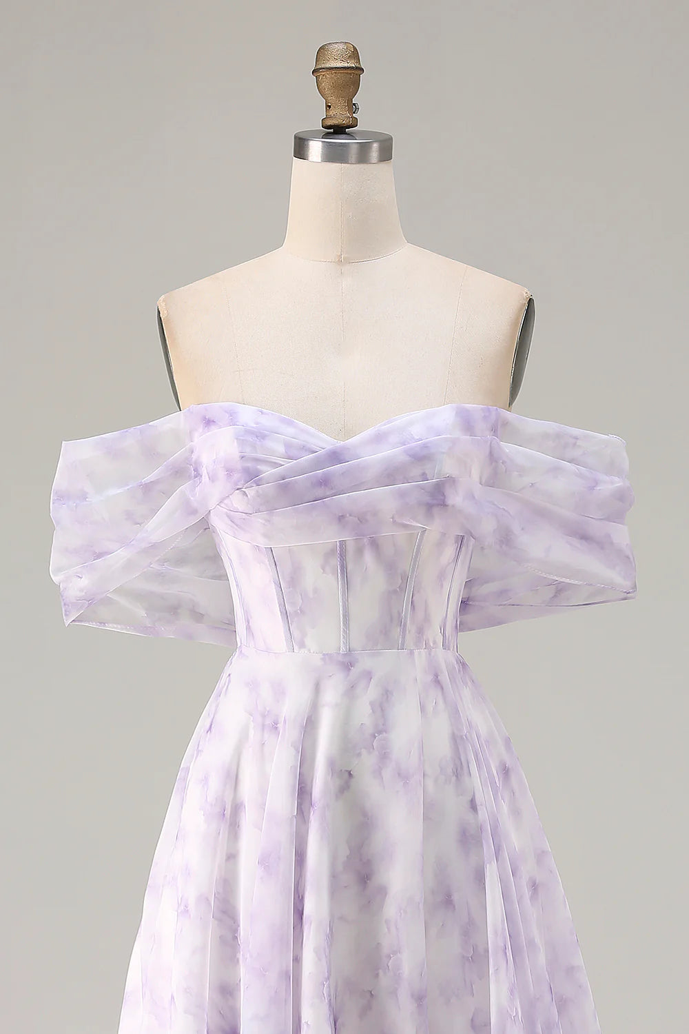 Lilac Off The Shoulder A Line Corset Print Floral Long Prom Dress with Slit