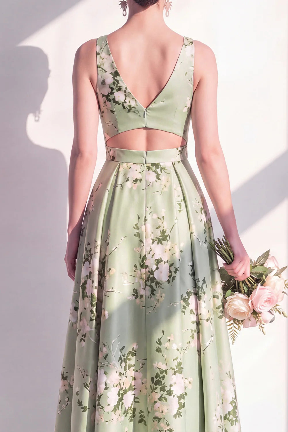 Sage Green A Line Floral Cut Out Bridesmaid Dress with Slit