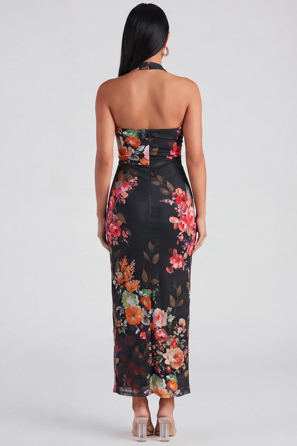 Champagne Halter Floral Wedding Guest Dress