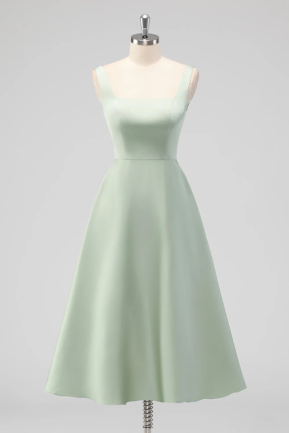 Sage Green A Line Square Neck Tea Length Satin Bridesmaid Dress