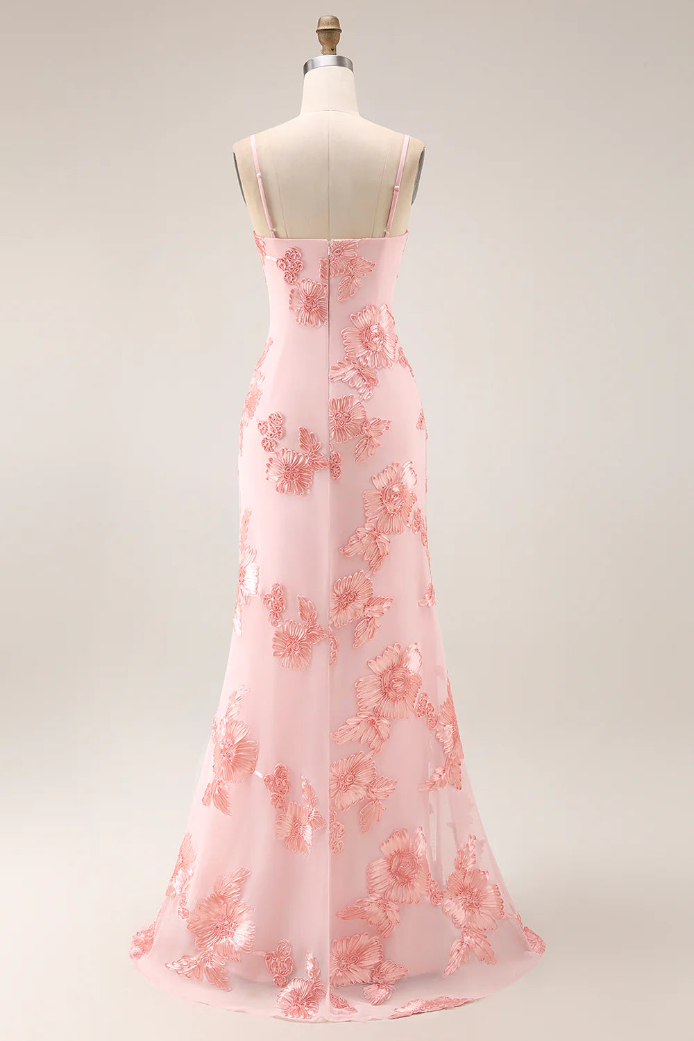 Blush Ruffled Appliqued Long Prom Dress with Slit