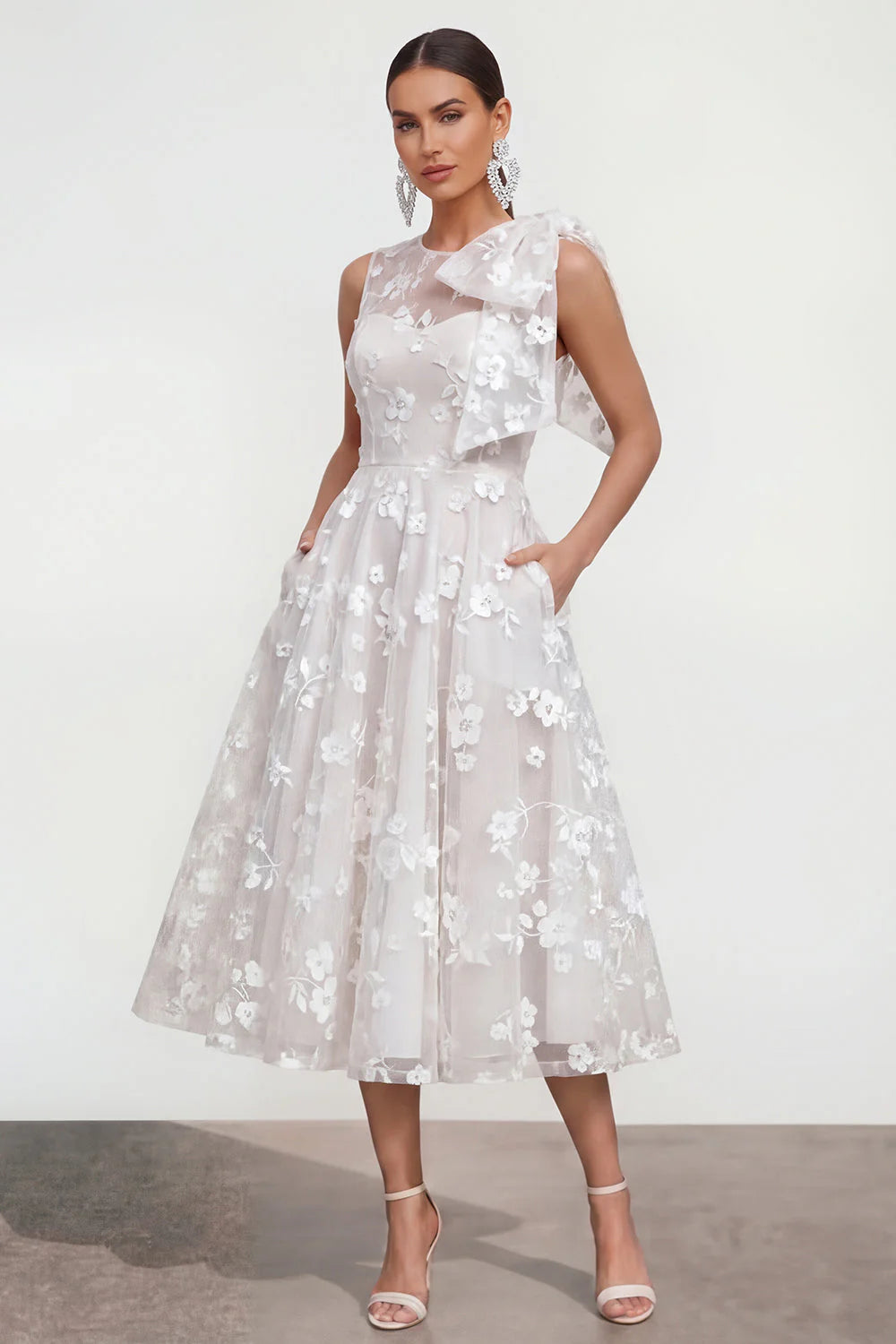 Floral Apricot A Line Bowed Midi Wedding Guest Dress