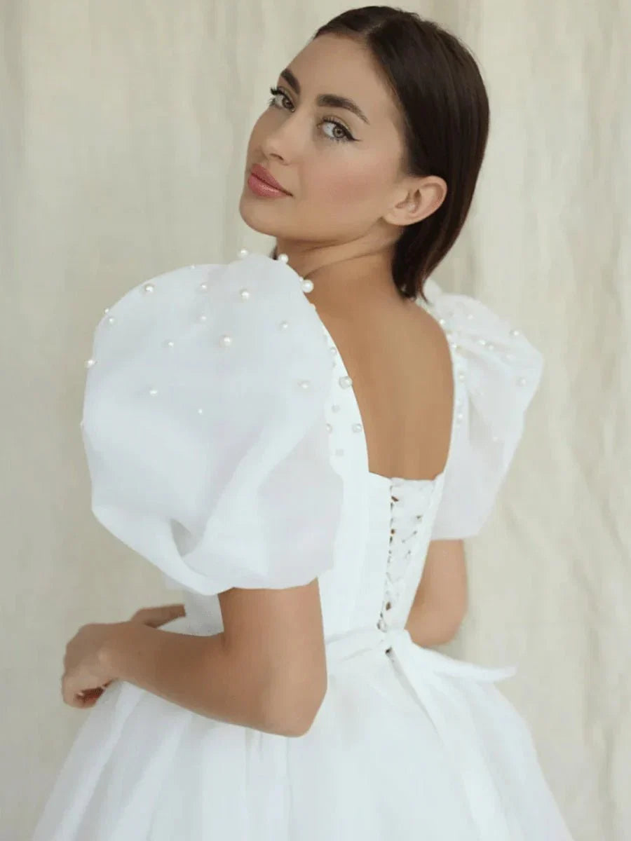 A Line Square Neck Short Wedding Dress With Puffy Pearls Sleeves
