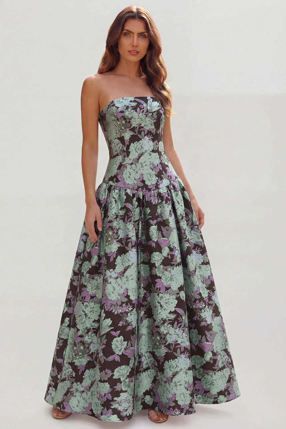 Blue White Flower Printed Strapless A Line Long Wedding Guest Dress