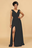 A Line Ruched V Neck Sleeveless Chiffon Bridesmaid Dress with Slit