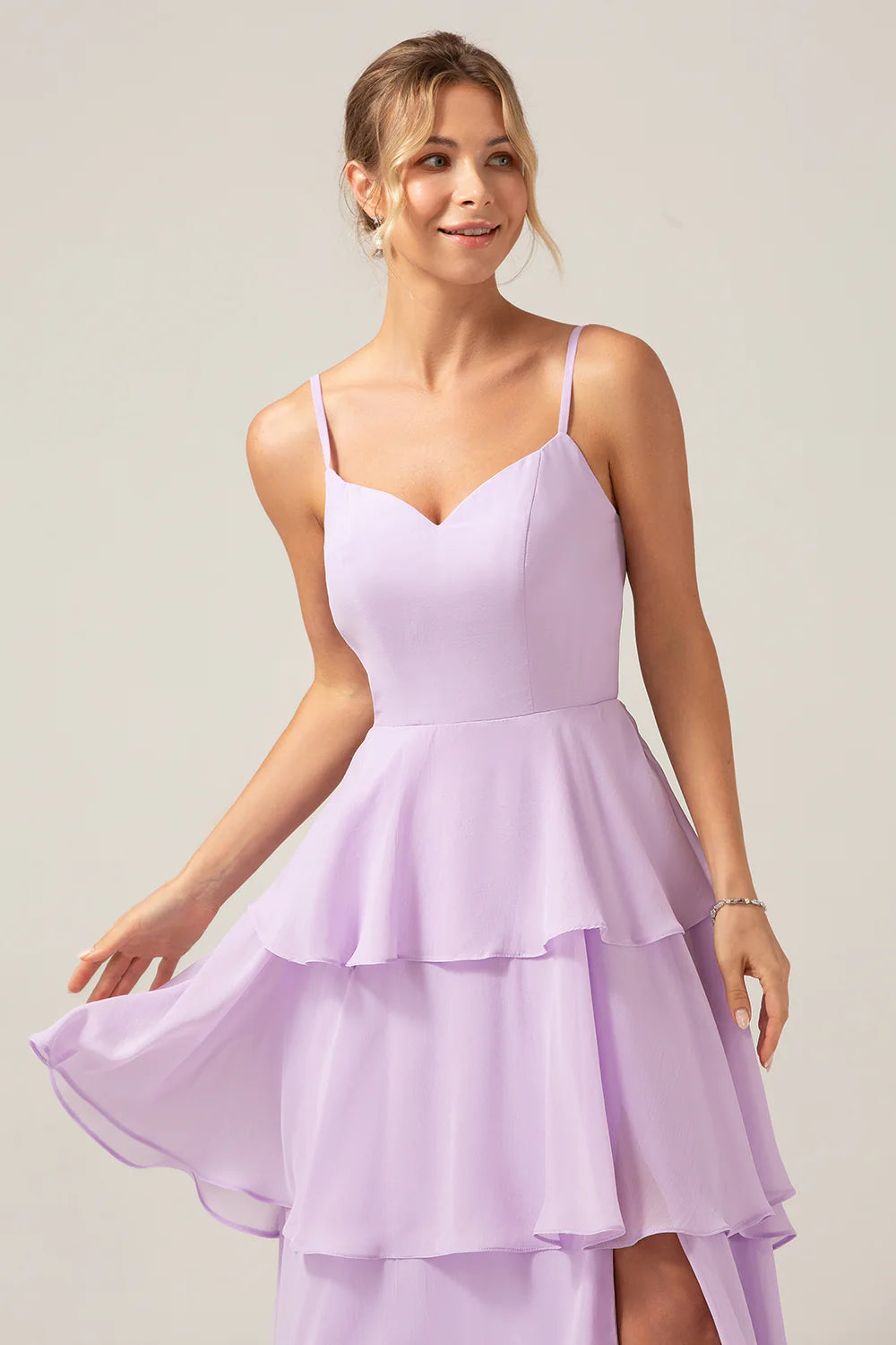 A Line Spaghetti Straps Tiered Floor Length Lilac Bridesmaid Dress With Slit