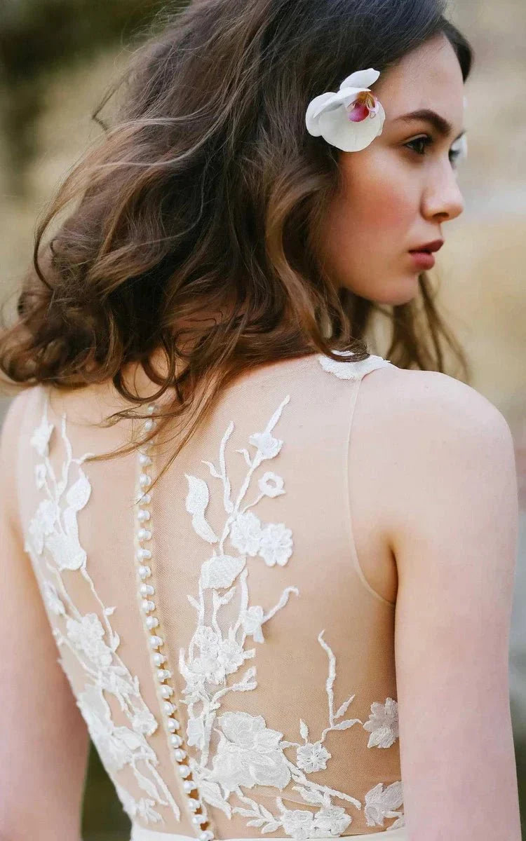 White Tulle A Line Sleeveless Illusion V Neck Appliqued Sexy Wedding Dress