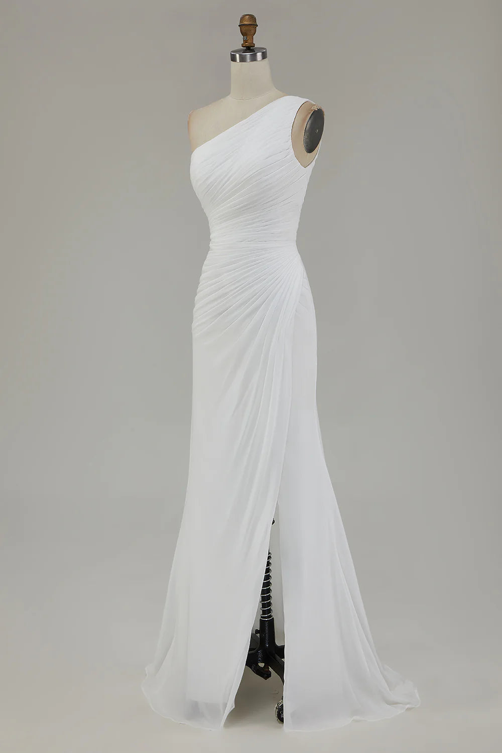 One Shoulder Ivory Ruched Engagement Dress with Slit
