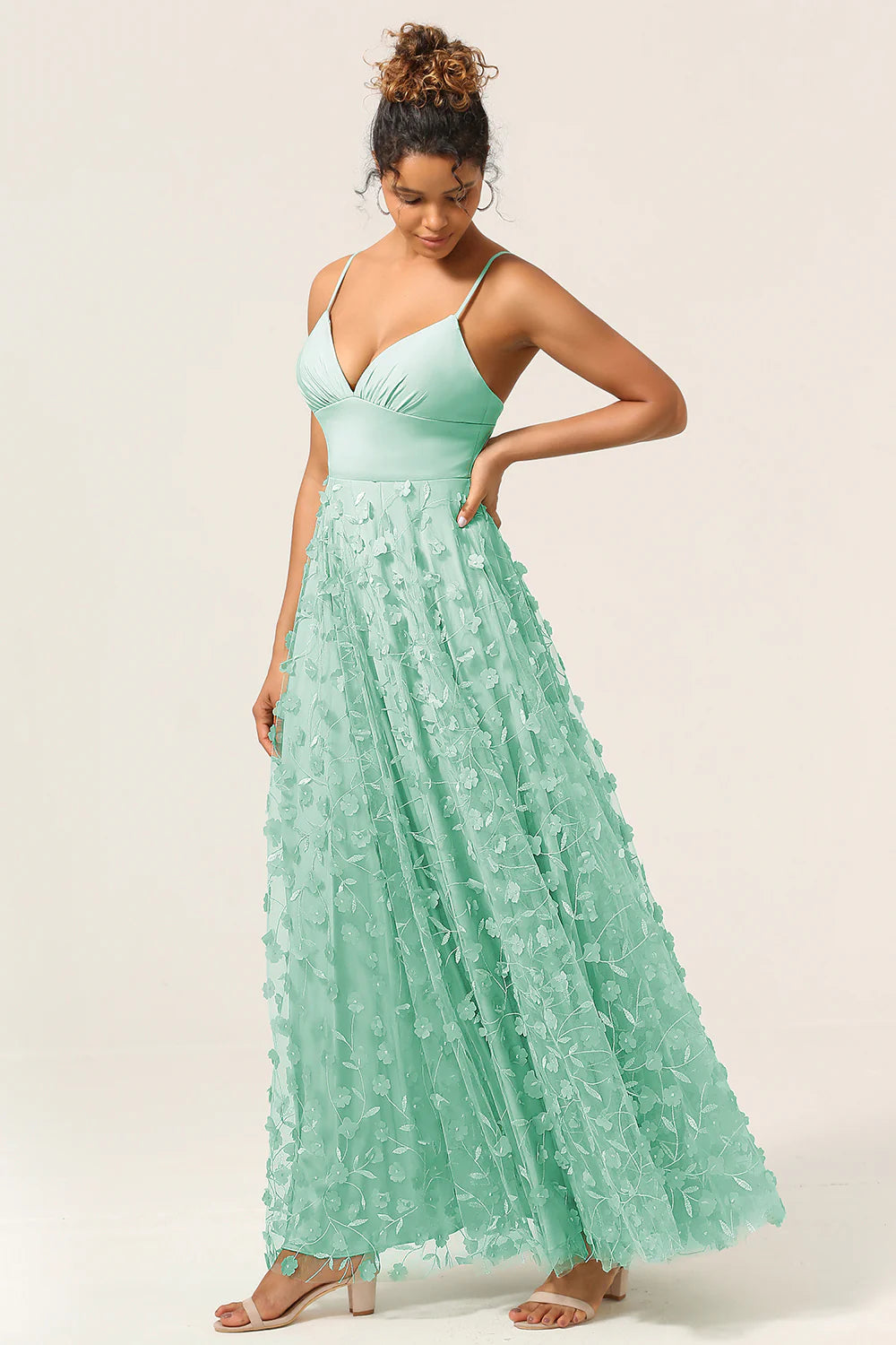 Dark Green A Line Spaghetti Straps Satin Long Bridesmaid Dress