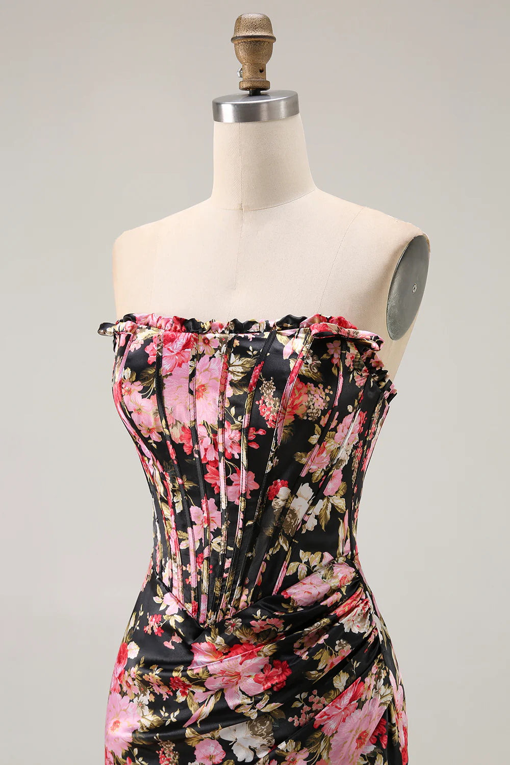 Black Pink Floral Mermaid Strapless Corset Long Prom Dress with Slit