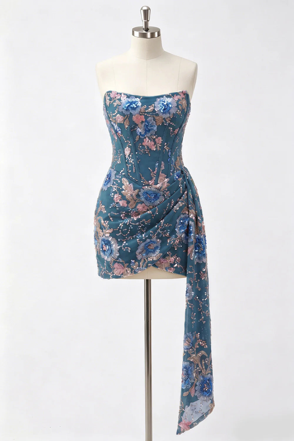 Strapless Pink Bodycon Corset Floral Sequin Homecoming Dress with Sash