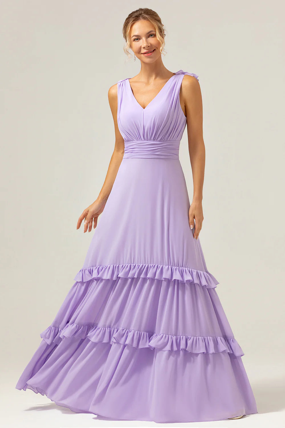 A Line V Neck Ruched Chiffon Long Lilac Bridesmaid Dress with Ruffles