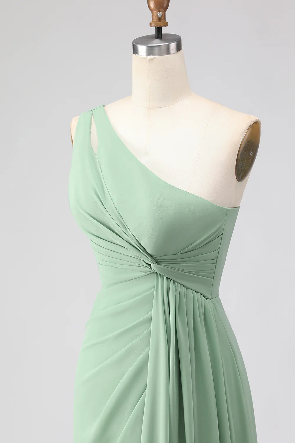 Sage Green One Shoulder A Line Chiffon Long Bridesmaid Dress with Slit