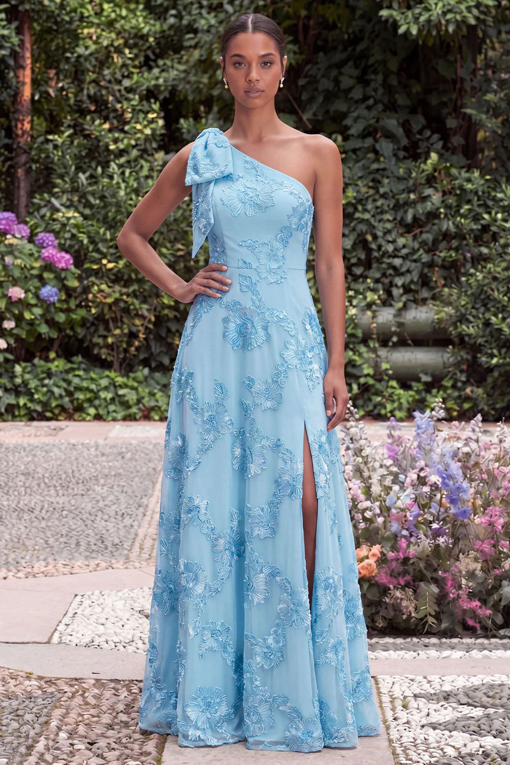 Daffodil A Line Floral Embroidery One Shoulder Wedding Guest Dress with Slit