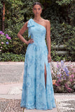 Daffodil A Line Floral Embroidery One Shoulder Wedding Guest Dress with Slit