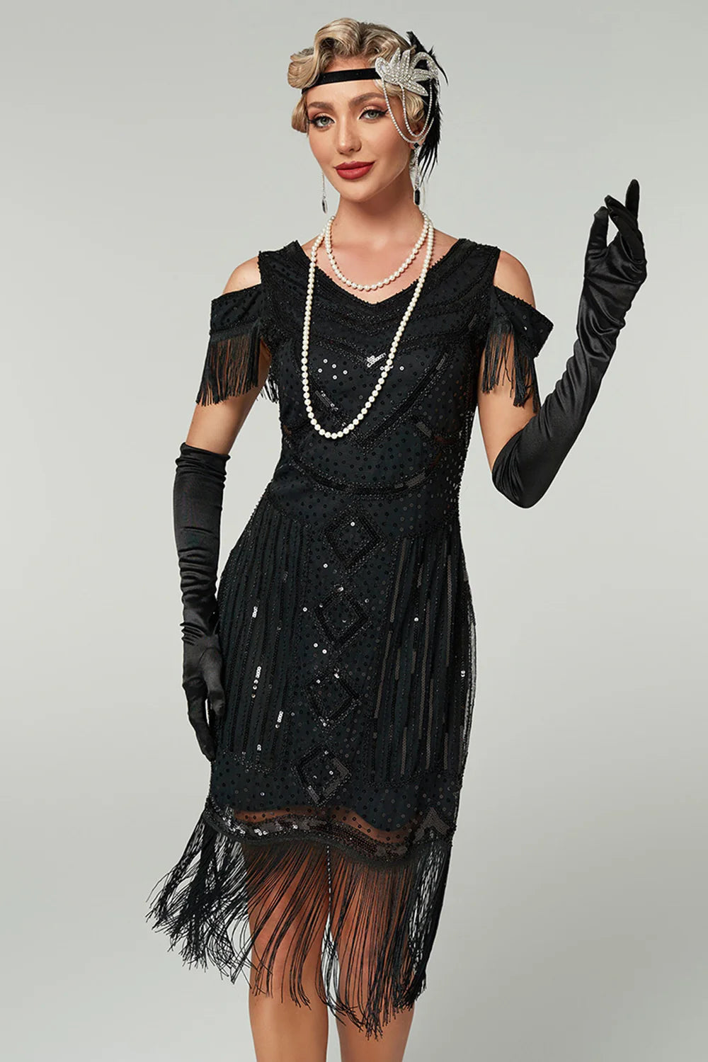 Cold Shoulder Black Fringed Sheath Sequins 1920s Dress