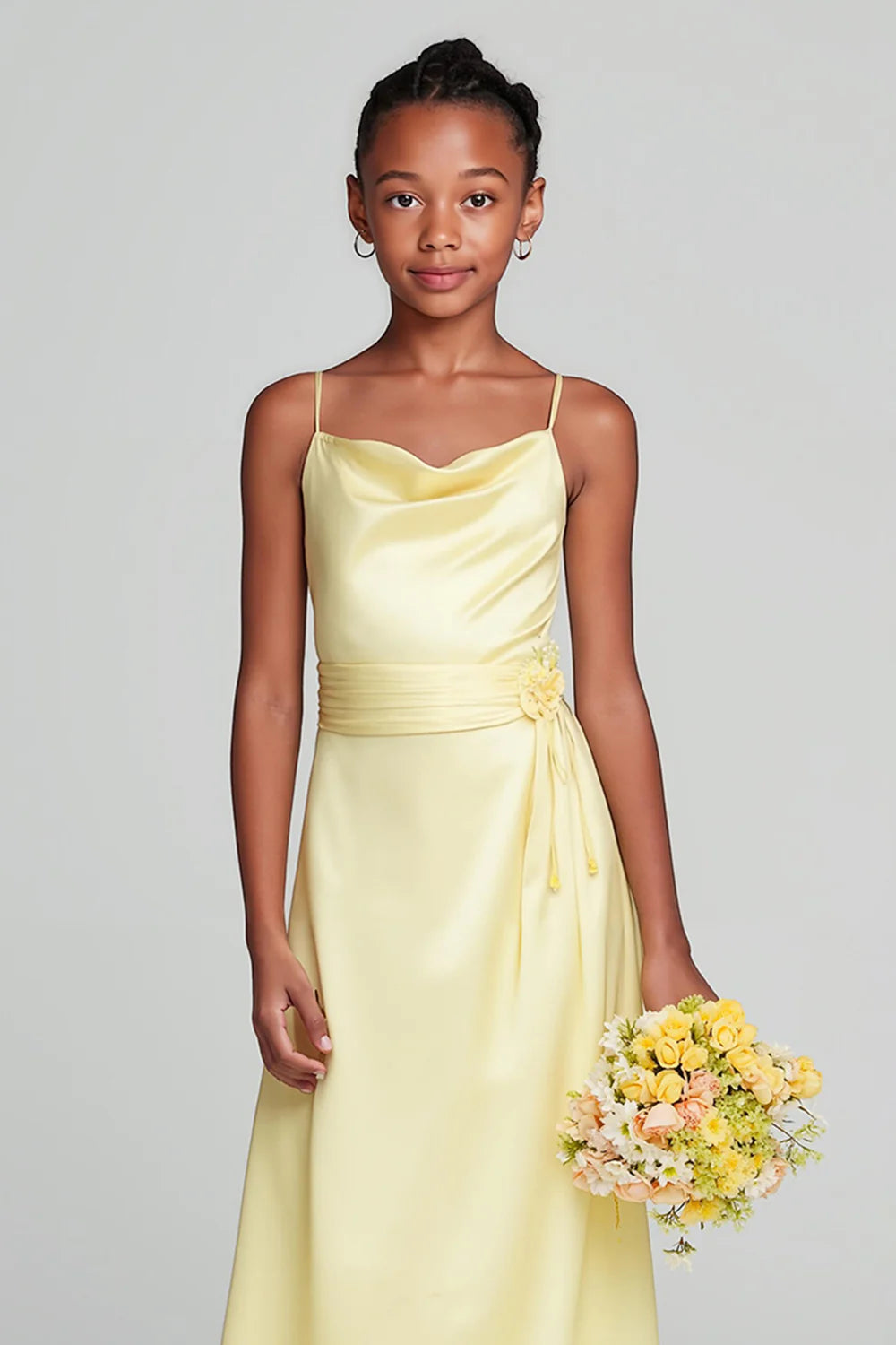 Daffodil Yellow Satin Spaghetti Straps Cowl Neck Long Junior Bridesmaid Dress