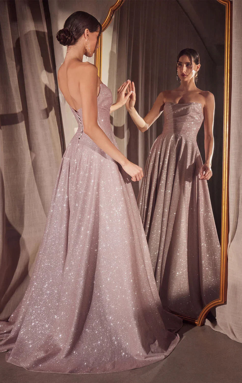 Quinn Gown Long Strapless Glitter A line Dress