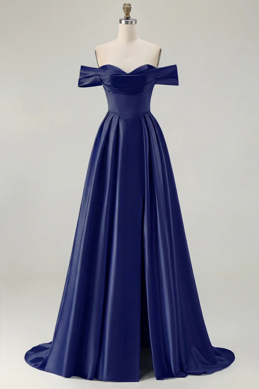 Off the Shoulder A Line Blue Satin Long Bridesmaid Dress with Slit