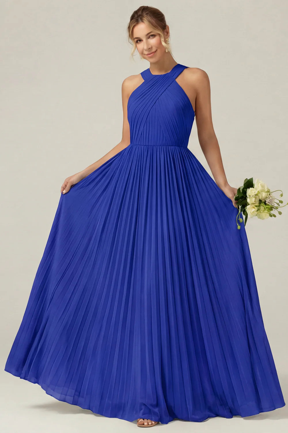 Dusty Sage A Line Halter Pleated Long Bridesmaid Dress