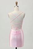 Blush Pink Bodycon Short Homecoming Dress with Lace Up Back