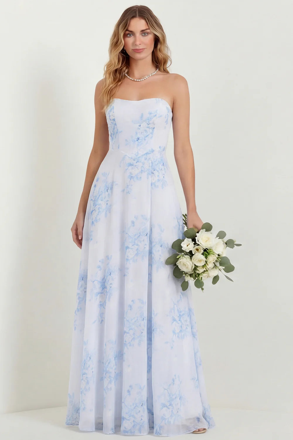 Green Flower A Line Strapless Long Bridesmaid Dress