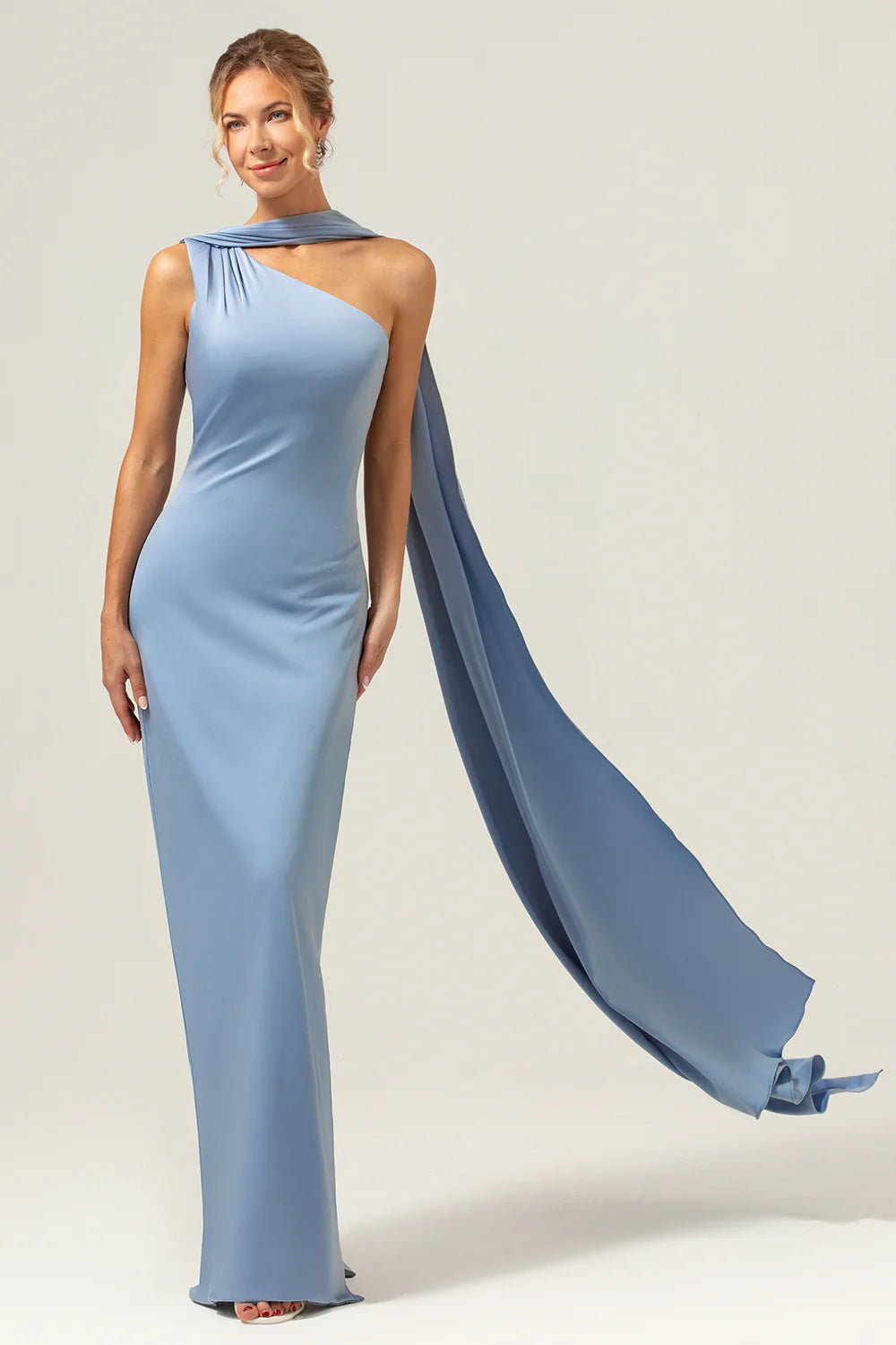 Dusty Blue Sheath One Shoulder Convertible Satin Bridesmaid Dress with Streamer